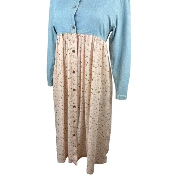 Vtg 90s Express Prairie Dress Denim Bodice Floral Maxi Cottagecore Coquette M - Picture 8 of 15